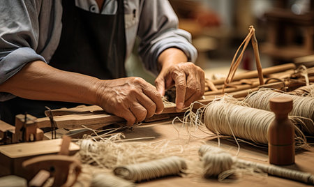 A skilled craftsman demonstrates woodworking expertise as they work on a piece of wood.の素材