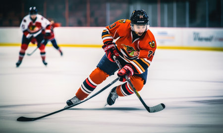 A hockey player is moving on the iceの素材