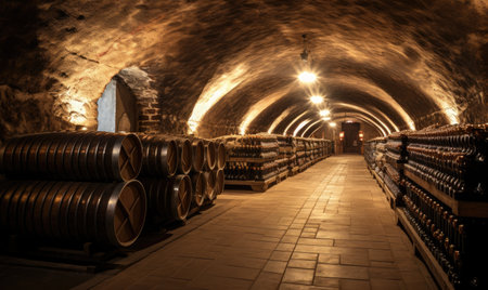 A tunnel filled with numerous barrels of wine, creating a visually striking display.の素材