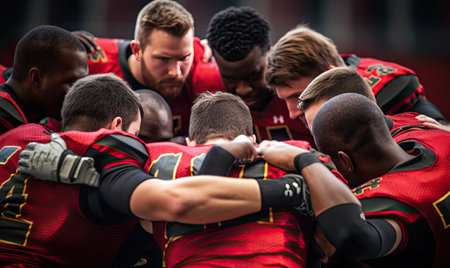 A group of men in red uniforms huddle togetherの素材