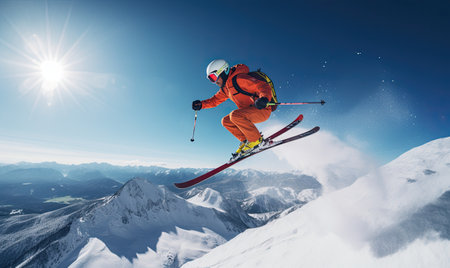 A person on skis jumping over a snowy mountainの素材