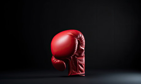 A close-up photo of a single red boxing glove placed on a plain black background.の素材