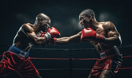 Two men engaged in a boxing match inside a dimly lit ring, throwing punches and displaying athleticism.の素材