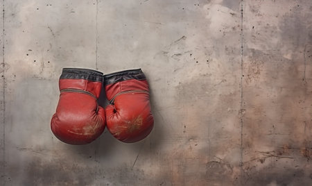 A pair of red boxing gloves suspended on a wall, creating a striking visual.の素材