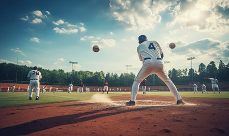 A baseball player in action as he throws a ball on a field, showcasing skill and precision.の素材