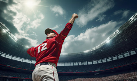 A baseball player wearing a red jersey skillfully throws a ball during a game.の素材