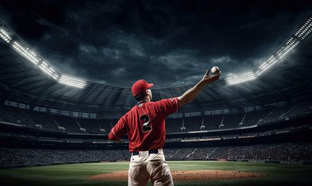 A baseball player in a red uniform forcefully throws a ball with great precision and accuracy.の素材