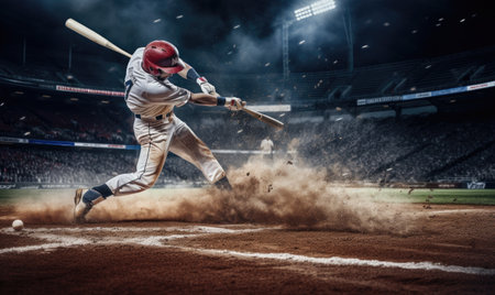 A baseball player in action as he swings a bat to hit a ball during a game.の素材
