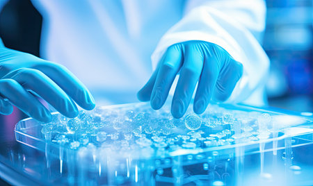 A person in a lab coat and gloves carefully holds a tray filled with glass beads.の素材
