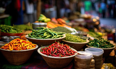 A table displaying a variety of fresh vegetables, neatly arranged in bowls.の素材