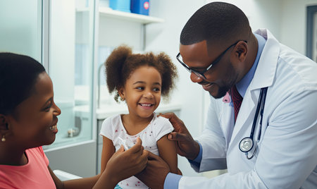 A young girl is being examined by a doctor in a medical setting, as part of a routine check-up or for a specific health concern.の素材