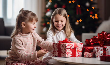 Two young girls are seated on the floor, surrounded by presents.の素材