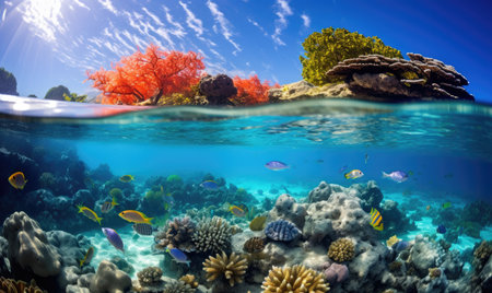A mesmerizing underwater scene depicting a thriving coral reef teeming with colorful fish.の素材