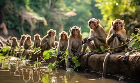 A group of monkeys gathering on a log in the water, calmly sitting and interacting with each other.の素材