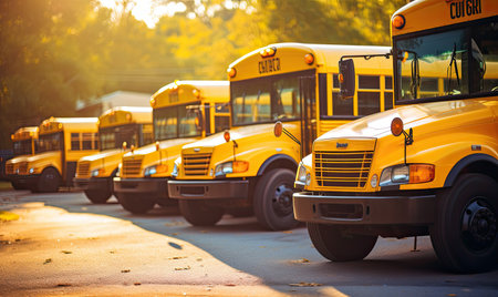 A scene in a parking lot showing multiple yellow school buses parked neatly in a row.の素材