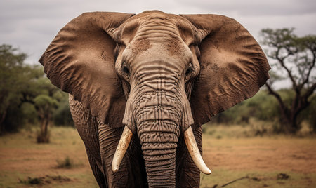 An elephant stands in a field with trees in the background, creating a serene and natural scene.の素材