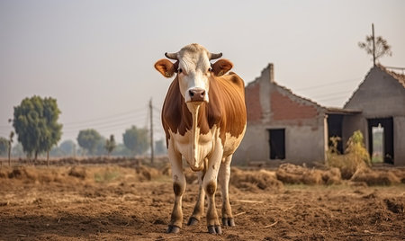 A brown and white cow stands confidently on top of a dirt field, showing its strong presence.の素材