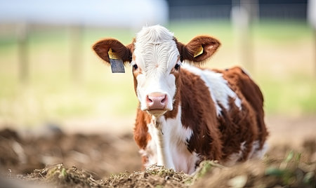 A brown and white cow standing on top of a dirt field.の素材
