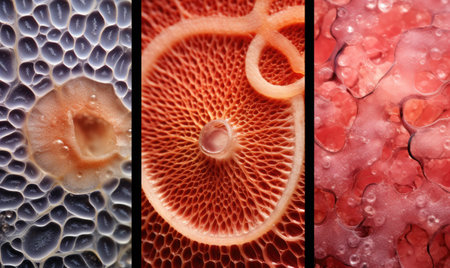 A series of three pictures showing various types of fresh and colorful fruit.の素材