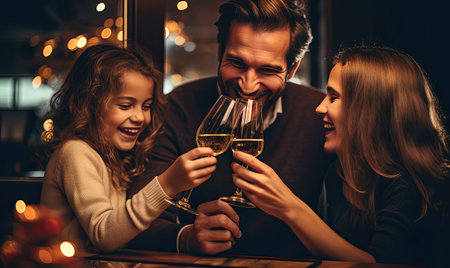 A diverse group of individuals gathered around a table, engaging in conversation while holding wine glasses.の素材