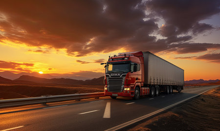 A semi truck drives down a highway against the backdrop of a beautiful sunset.の素材