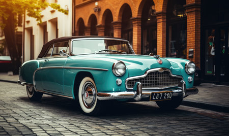 An old car is parked on a historic cobblestone street, surrounded by buildings with vintage charm.の素材