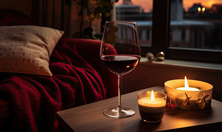 A glass of wine placed next to a lit candle on a table, creating a warm and inviting ambiance.の素材