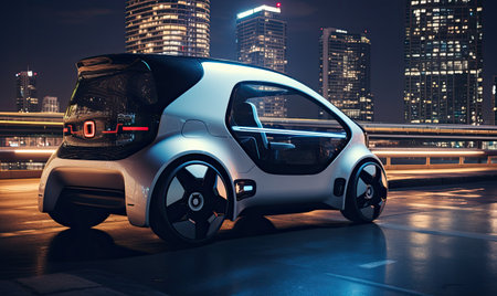 A small car is parked on a busy city street, illuminated by the streetlights and surrounded by urban buildings.の素材