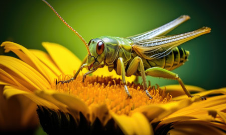 A detailed view of a grasshopper perched on a flower, showing the intricate features of both subjects.の素材