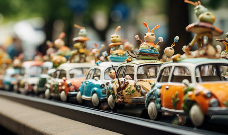 This photo shows a lineup of toy cars with various bugs perched on top of them.の素材