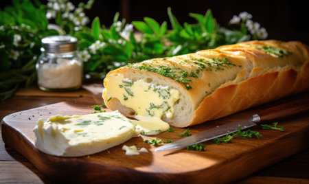 A photograph showcasing a loaf of bread topped with cheese and herbs, placed on a cutting board.の素材