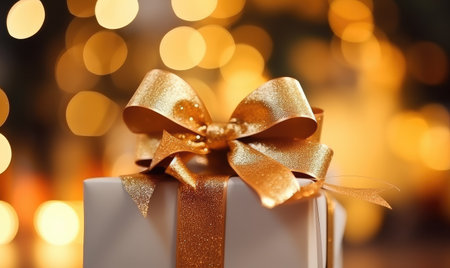 A close-up photograph showcasing a gift box adorned with a gold bow.の素材