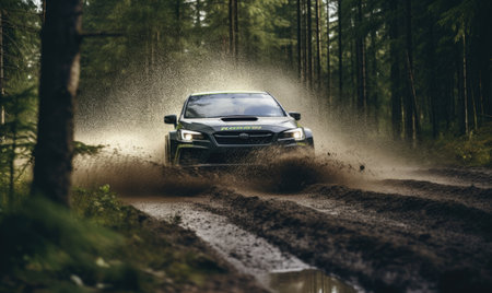 A car driving through a puddle in a forestの素材