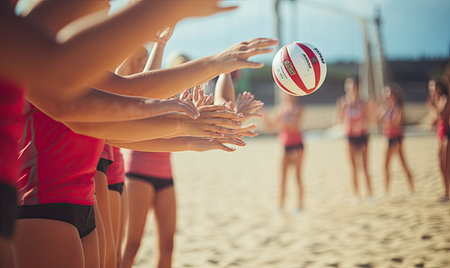 A group of women standing on top of a sandy beachの素材