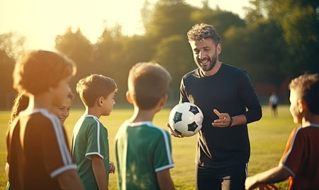 A man holds a soccer ball as he stands in front of a group of children.の素材