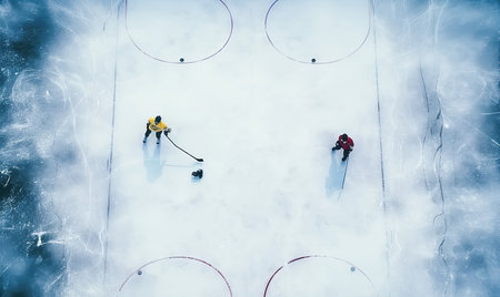 A couple of people enjoying the thrill of skiing as they speed down a snow covered slope.の素材