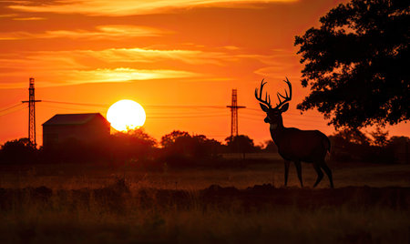 A deer stands gracefully in a field as the sun sets, casting a warm glow over the landscape.の素材