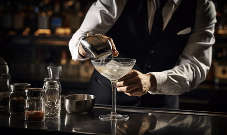 A skilled bartender seamlessly pours a flavorful drink into a glass with precision and expertise.の素材