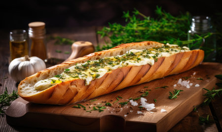A single long loaf of bread is placed on top of a wooden cutting board.の素材