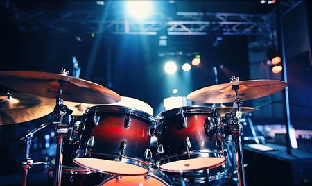 A vibrant red drum set placed on top of a stage, ready for a performance.の素材