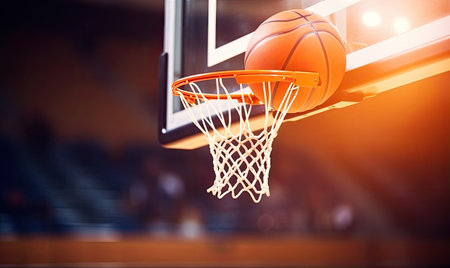 A basketball going through the hoop in a basketball courtの素材