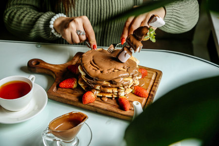 A person is cutting a cake on top of a wooden cutting board.