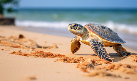 A small turtle is walking on the beachの素材