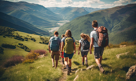 A group of people walking up a hillの素材