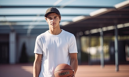 A young man confidently holds a basketball while standing on a basketball court.の素材