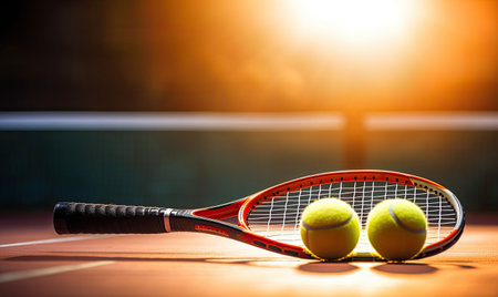 A tennis court featuring two tennis balls and a racket ready for a game.の素材