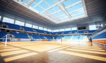 An empty gymnasium with blue seats and a volleyball net hanging in the center.の素材