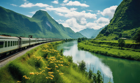 A train is seen traveling along tracks that run parallel to a river, creating a dynamic scene.の素材