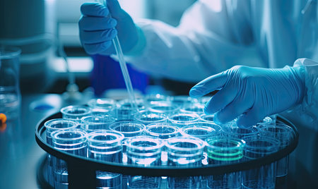 A scientist wearing protective lab equipment holds a test tube and examines its contents in a laboratory.の素材