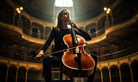 A woman is seated in a chair and holding a cello in this photograph.の素材